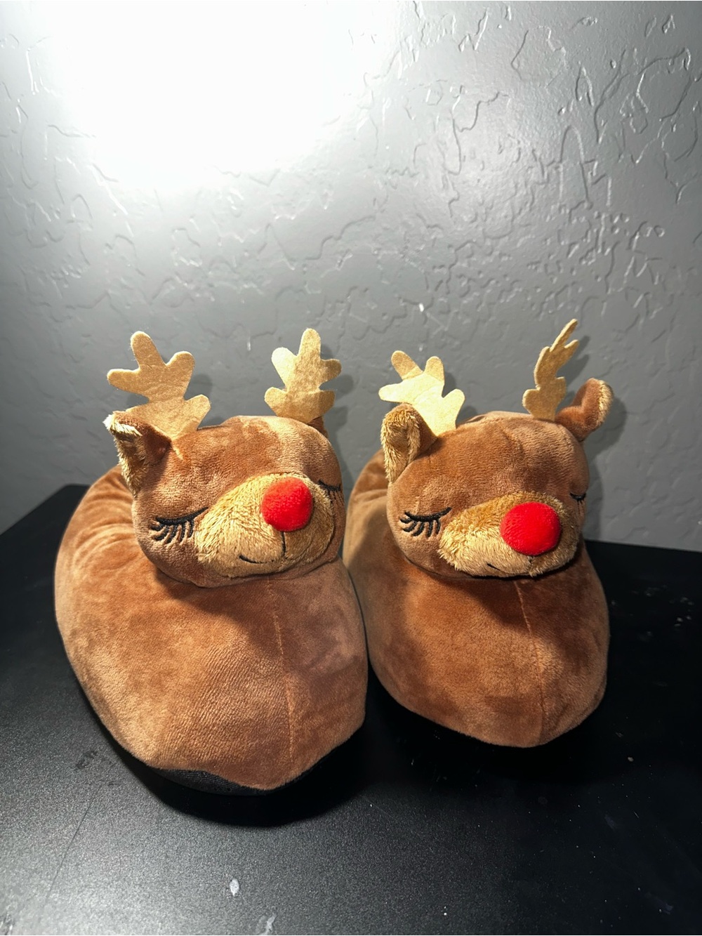 Brown Reindeer Plush Slippers with Red Nose